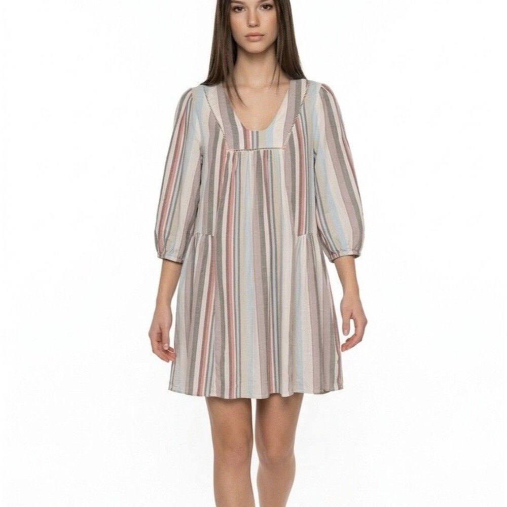 KNOX ROSE Women’s Size XS Boho Flowy Stripe Shift Dress Mulitcolor Linen Blend